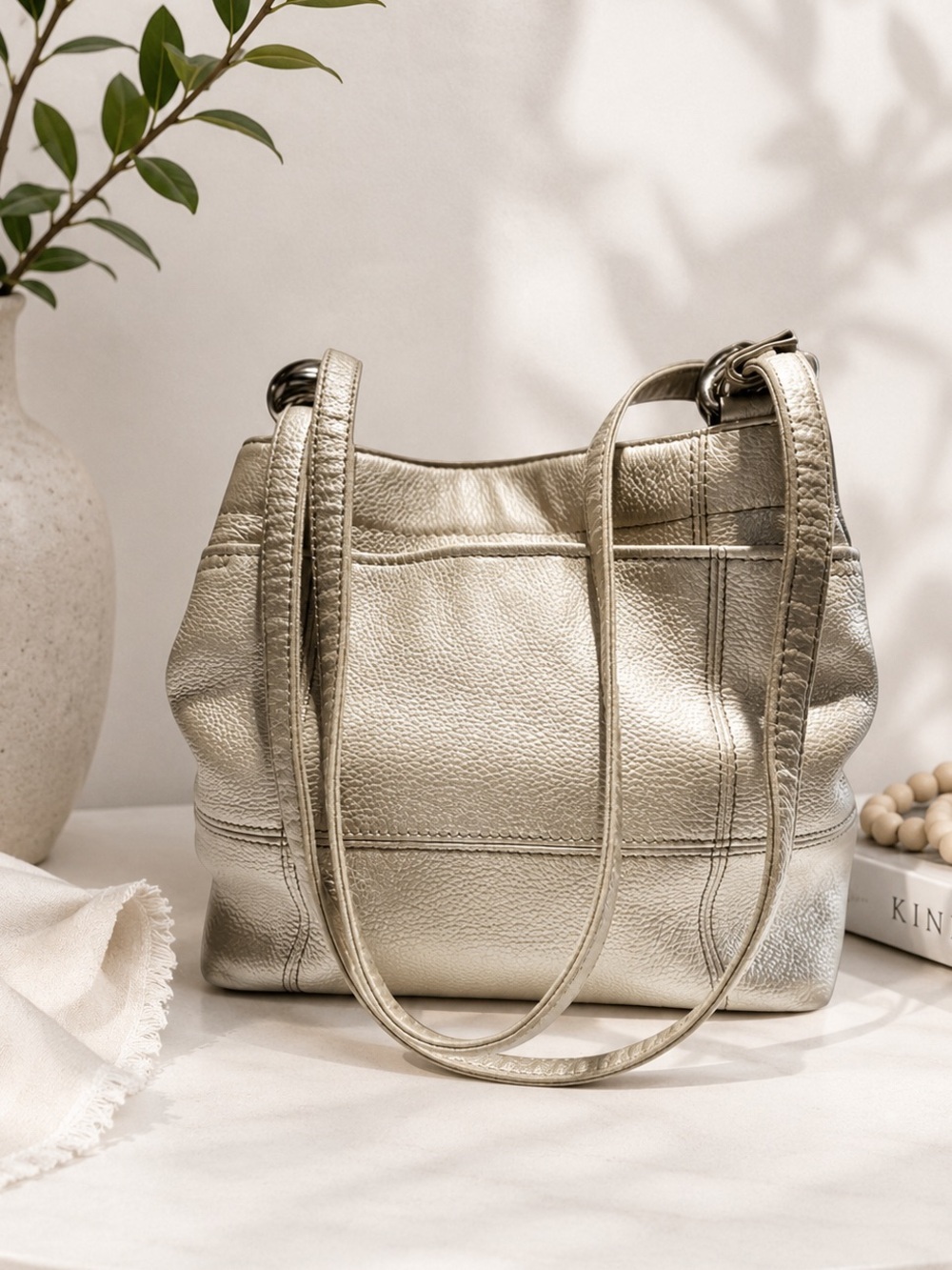 Tignanello Metallic Gold Silver Pebbled Leather shoulder Bag Brown Chain Fabric